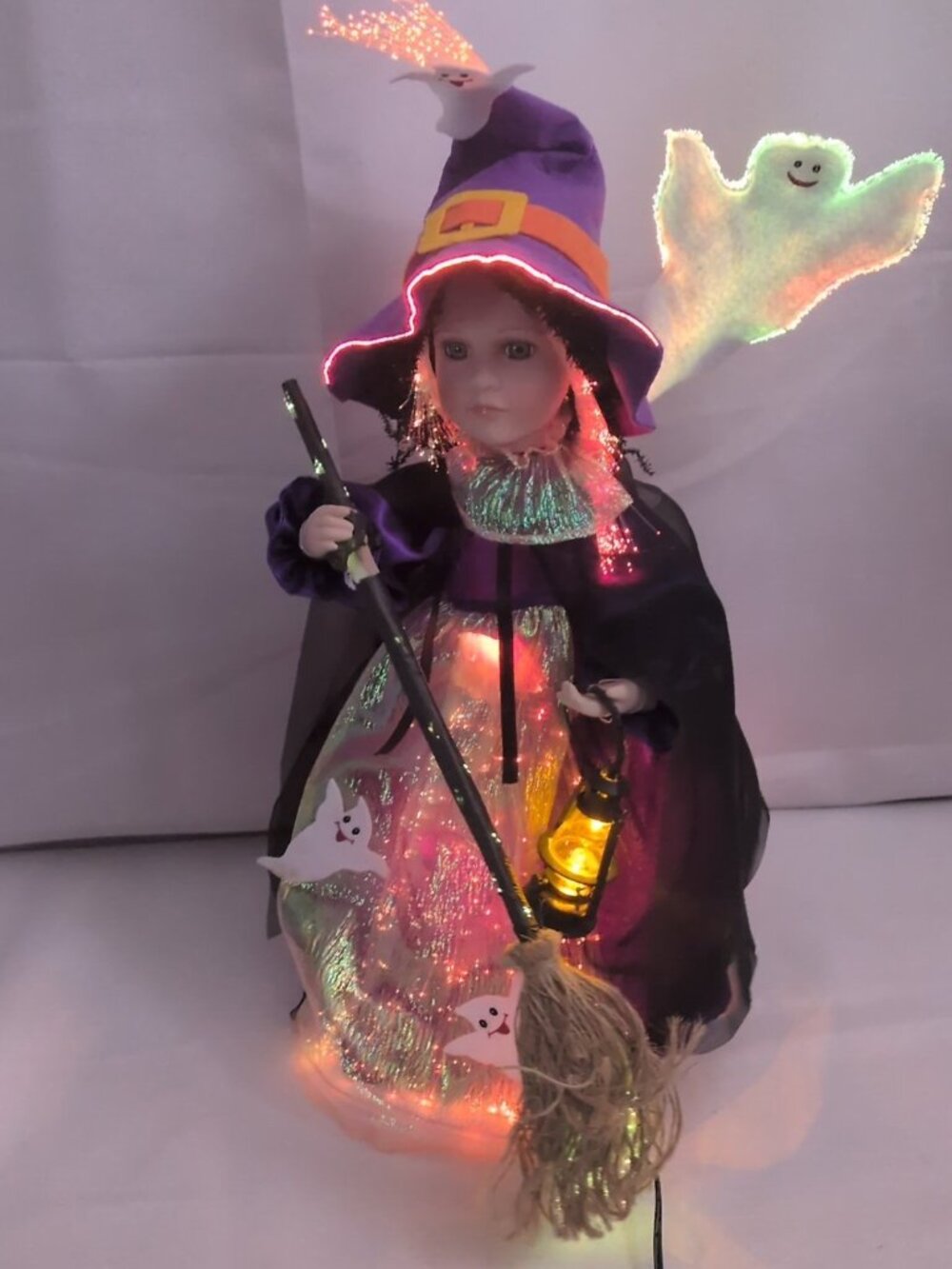 Fiber Optic Motion Witch Sweeps Broom Halloween Decor Ghost Purple Doll Girl
